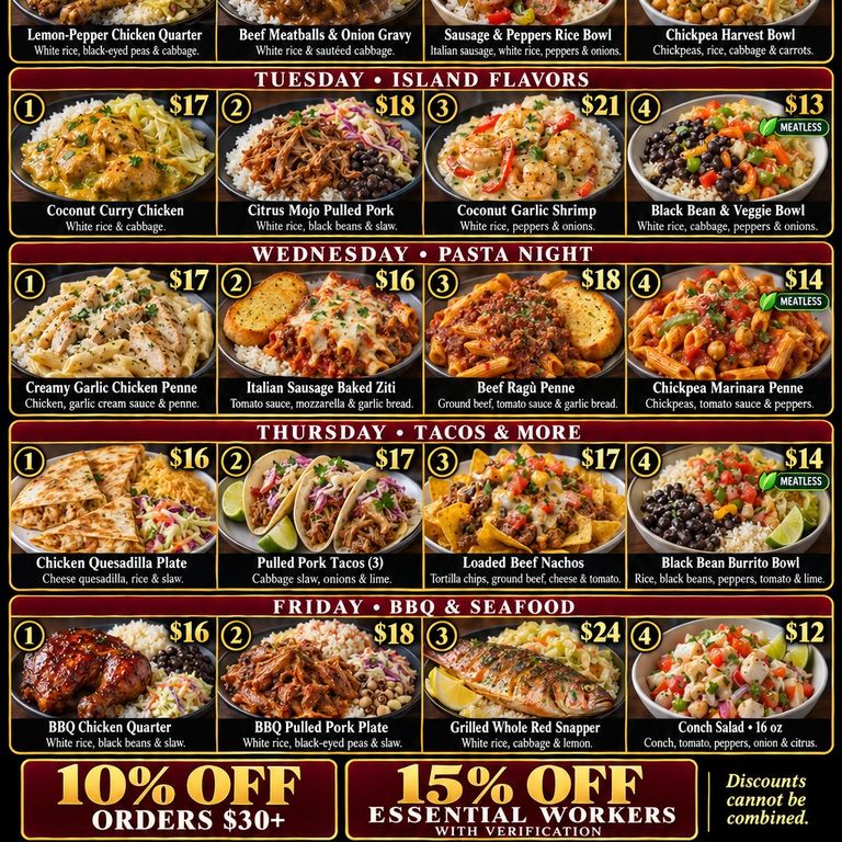 Chef Rizm weekly drop menu, October 26–30, 2026. Text 954-546-2263 with day and item number to order.